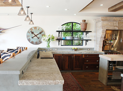 Antique thick Limestone slabs milled at 3" in thickness used as kitchen countertops and middle Island tops, salvaged from the bottom of farm house foundations
